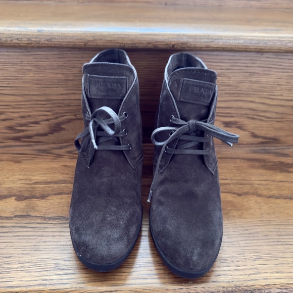 Prada Suede Wedge Bootie Lace-up 39.5 Like New - Picture 4 of 14